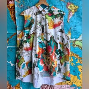 Sleeveless Floral Watercolor Print Button-Up Top - White Multicolor